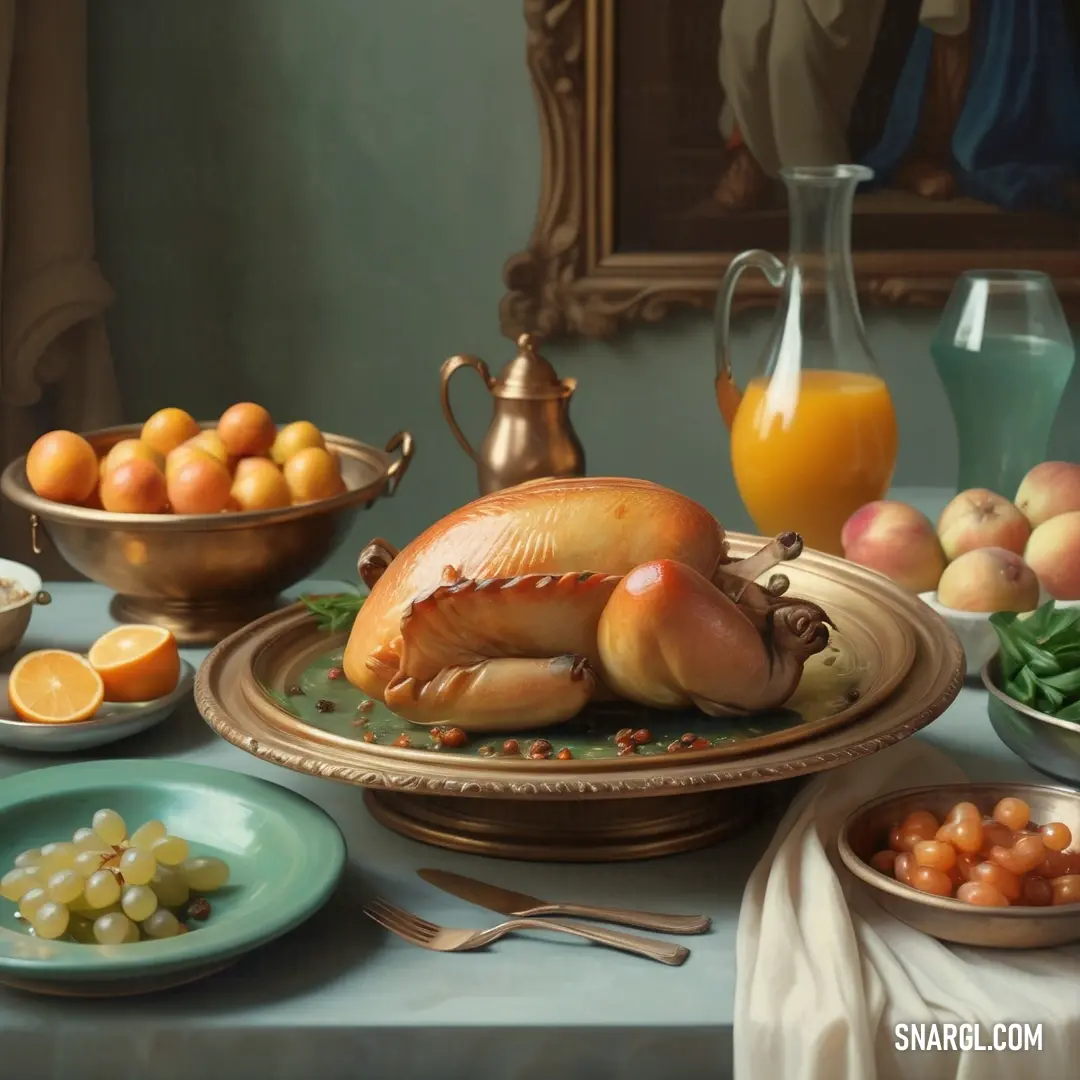 Painting of a turkey on a table with fruit and a pitcher of oranges. Color #A67B5B.