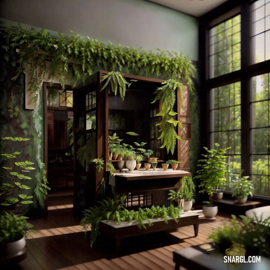 A stylish room filled with lush plants, creating a vibrant and refreshing atmosphere. A table with a laptop on it adds a functional touch, while the warm color tones of the space create a cozy, inviting ambiance.