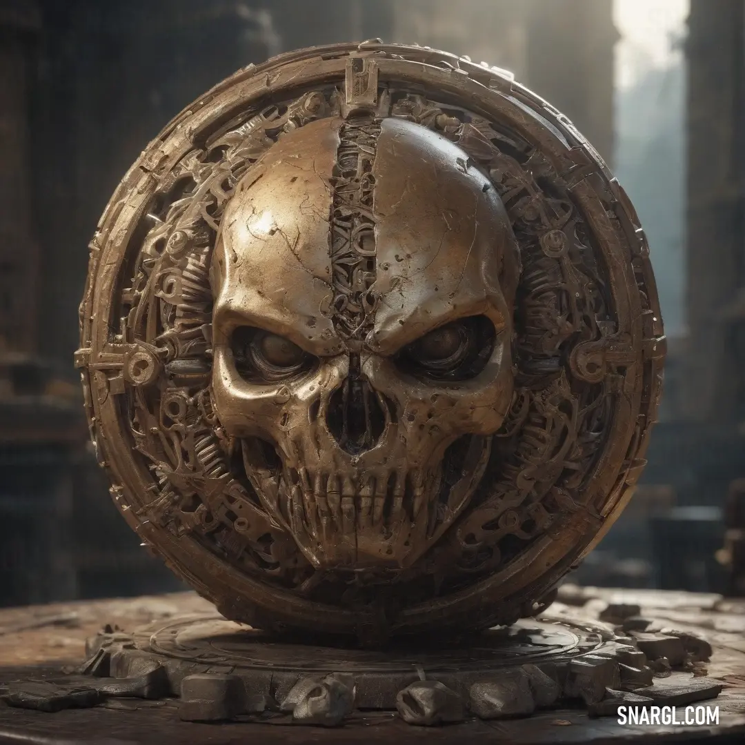 A weathered skull statue rests on a wooden table, its solemn gaze fixed on the clock face embedded within it. The room is filled with soft light, adding an air of mystery and reflection to the scene.