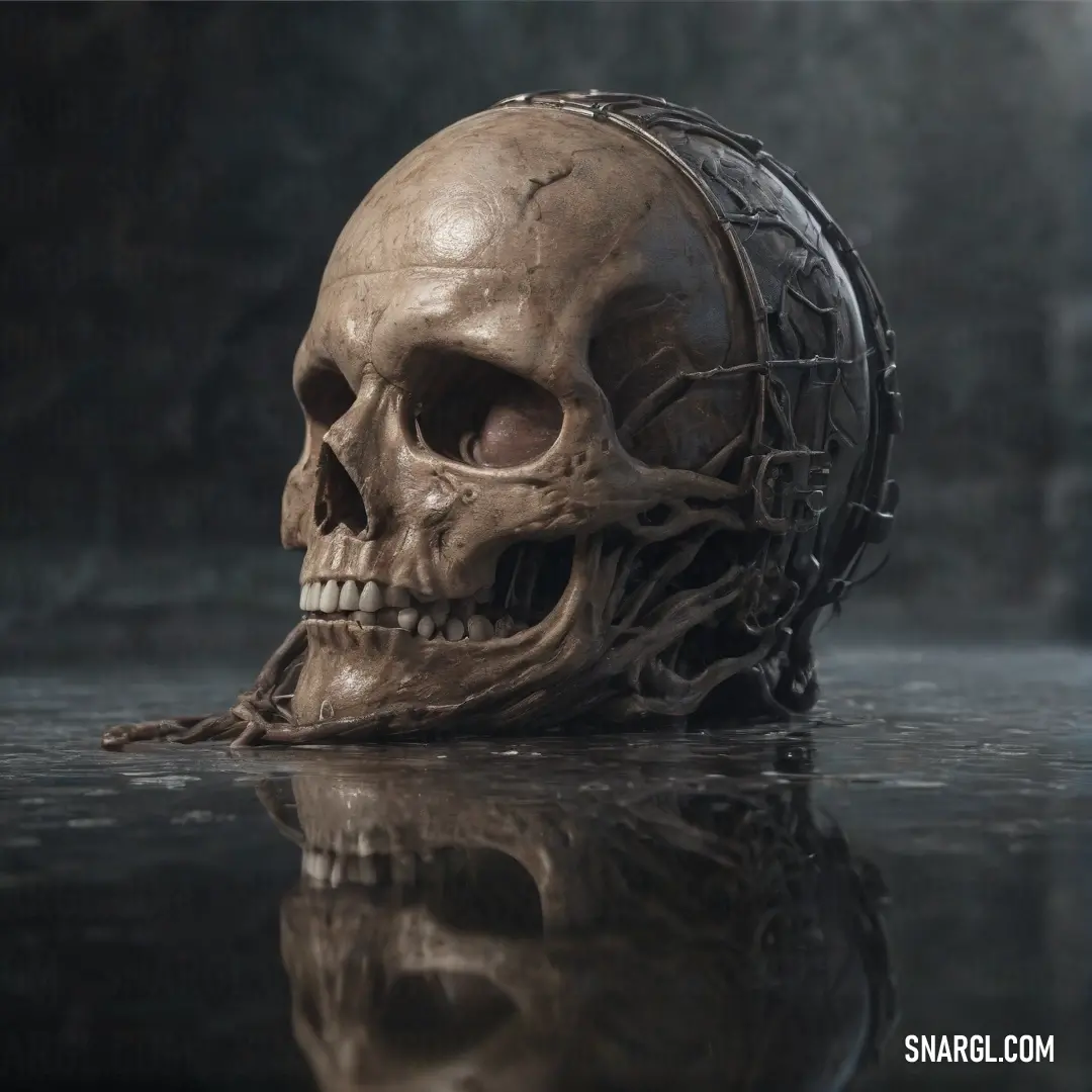 A skull, crowned with vines, is submerged in water within a misty, fog-covered forest. The dark, ethereal environment adds a layer of intrigue and mysticism to this haunting scene.