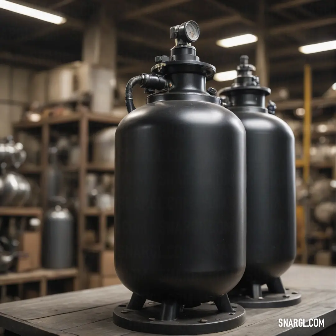 Two sleek black propane tanks stand firmly on a table within a bustling workshop, their industrial presence adding a touch of rugged charm to the scene filled with tools and equipment, symbolizing ready-to-use resources for any project.