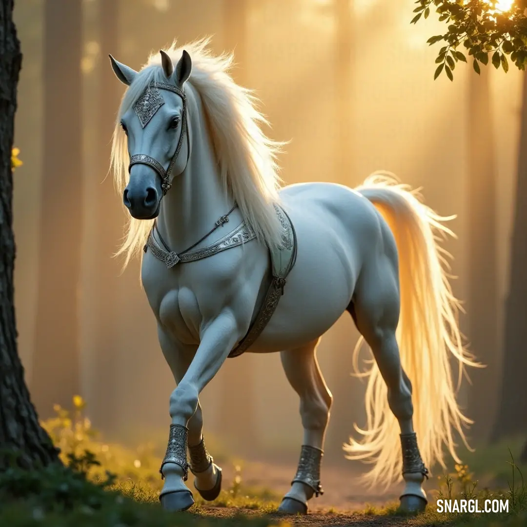 A majestic white horse gallops through a serene woodland landscape at dawn, with radiant sunlight piercing through the trees, casting a soft glow over its gleaming coat and the enchanting colors surrounding it.