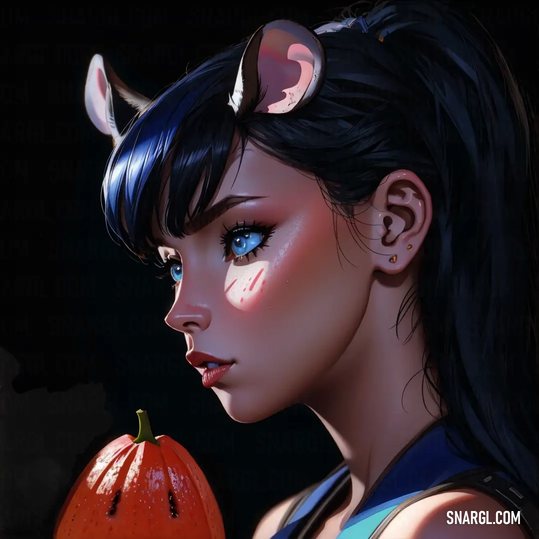 A mystical woman with both horns and cat ears stands confidently, holding a pumpkin and gazing directly at the viewer. Her captivating expression and unique style are matched by the soft, warm tones of the surroundings.