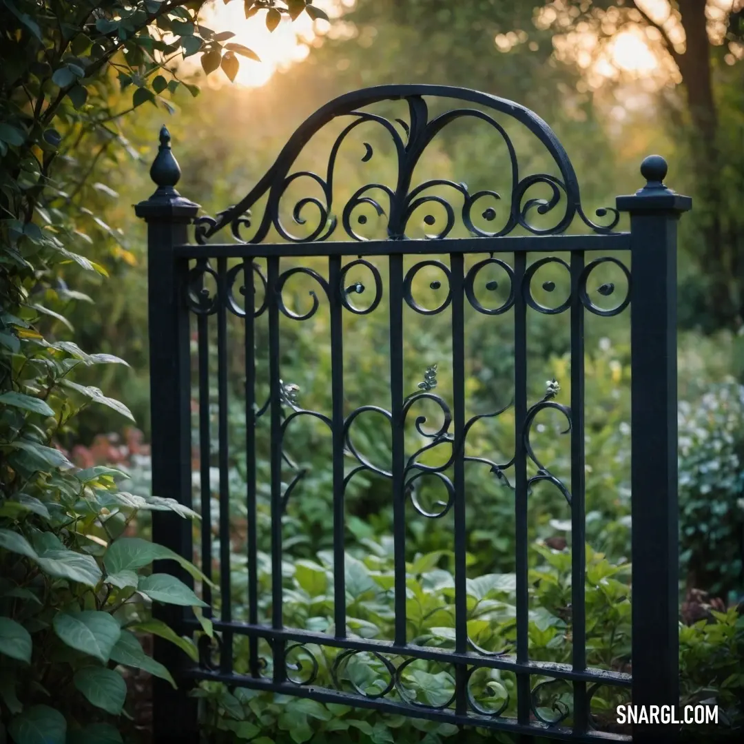 A beautiful garden gate, embraced by flourishing plants and bathed in the warmth of a sunbeam, offers a glimpse into a serene oasis. The atmosphere is infused with soft French beige as nature's artistry unfolds in this tranquil setting.