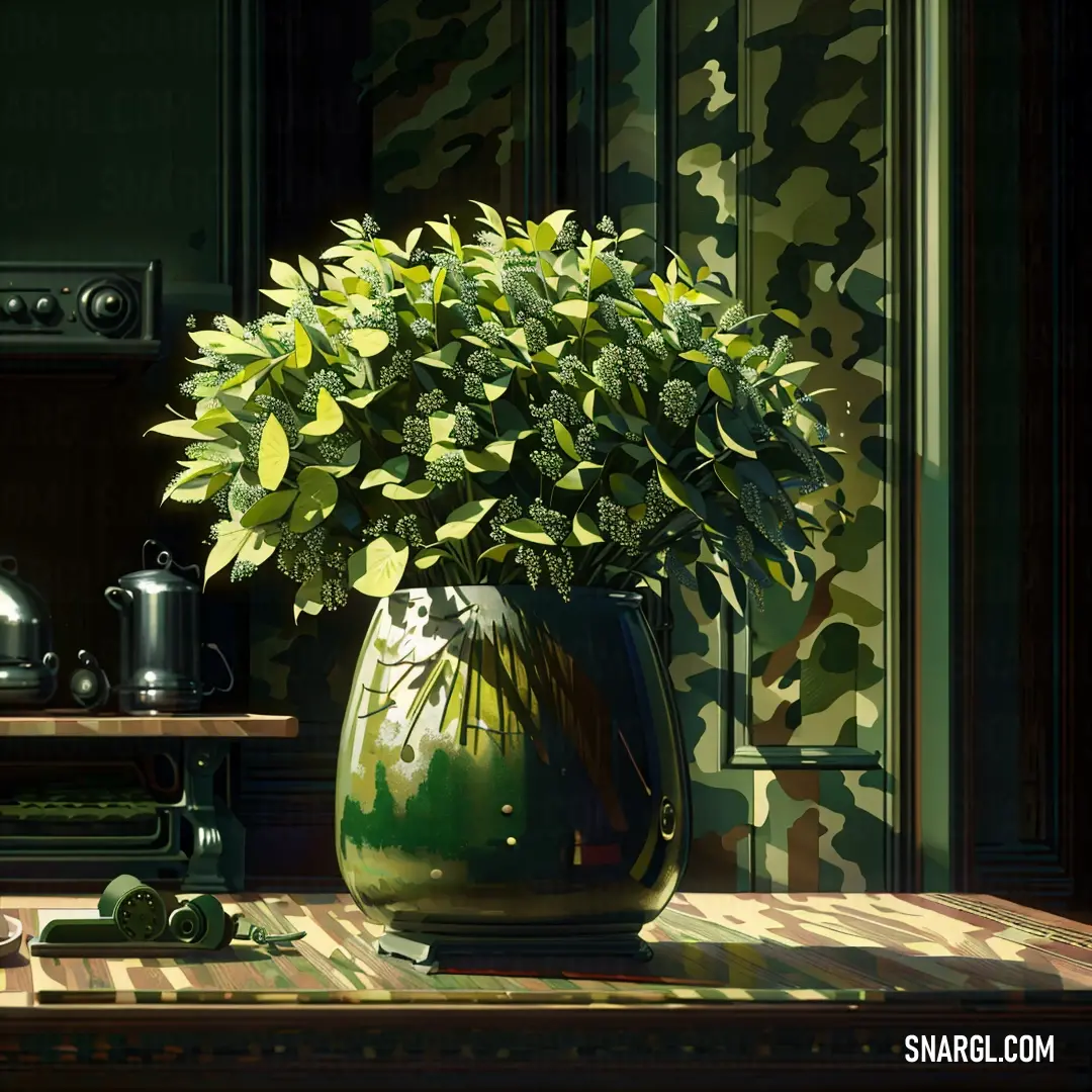 A lush green plant sits in a vibrant green vase atop a table, perfectly positioned next to a stove in a room with a unique camouflage wall pattern. The colors blend harmoniously with the cozy kitchen atmosphere.