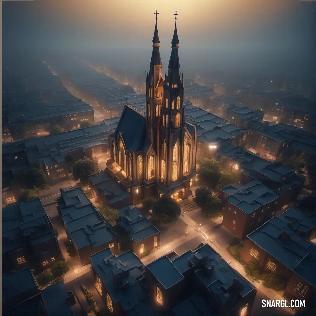 Large church with a steeple surrounded by buildings at night time with lights on the windows and a foggy sky. Example of #A67B5B color.