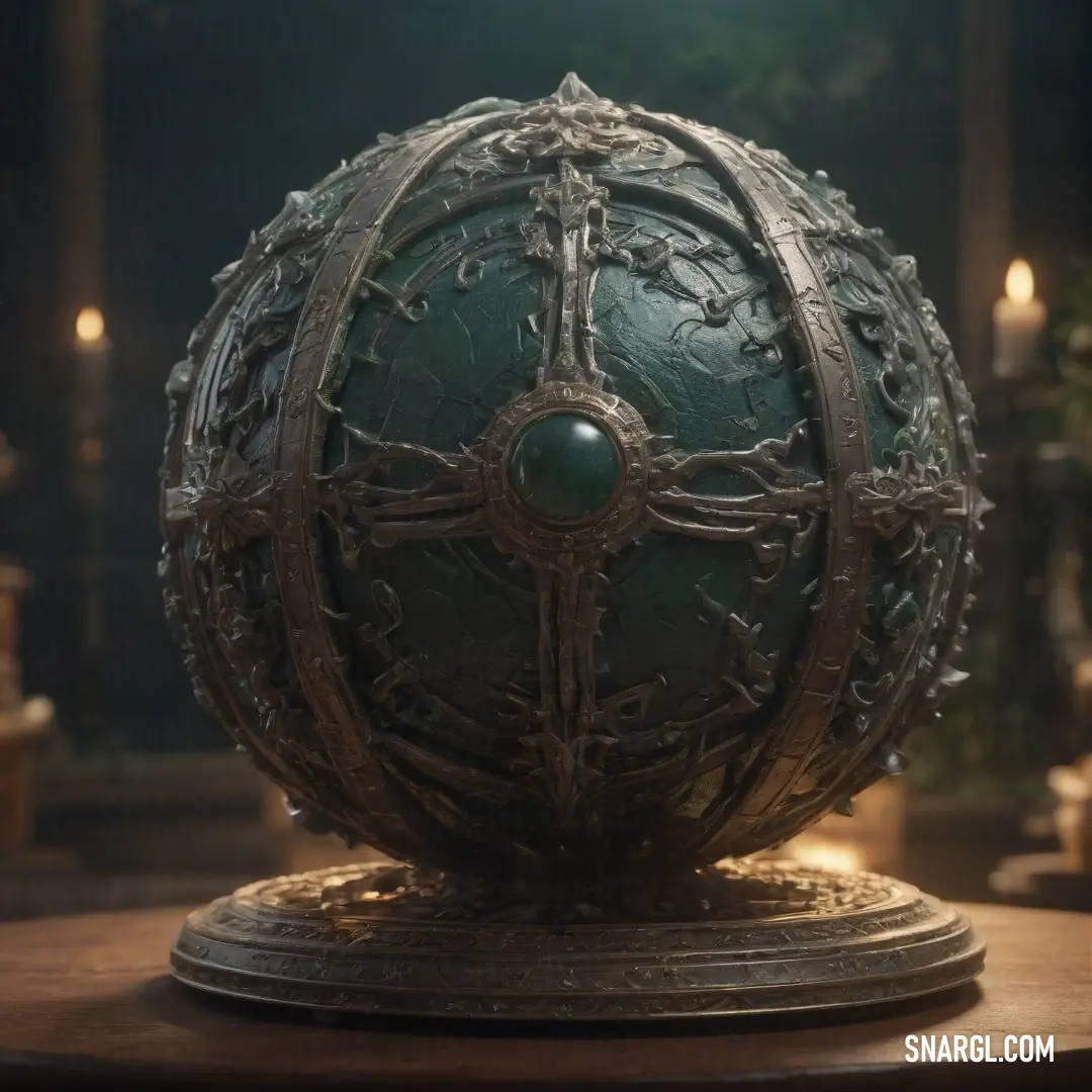 A large green ball, marked with a bold cross, rests on a table in a softly lit room. Candles flicker in the background, casting a warm light on the object and the surrounding peaceful environment.