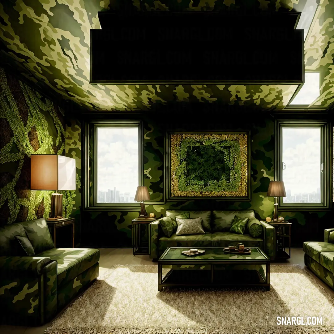 A living room with camouflage-patterned green wallpaper, complemented by a cozy couch, chairs, a coffee table, and lamps. A colorful painting adds a touch of personality to the space, creating a balanced and inviting atmosphere.