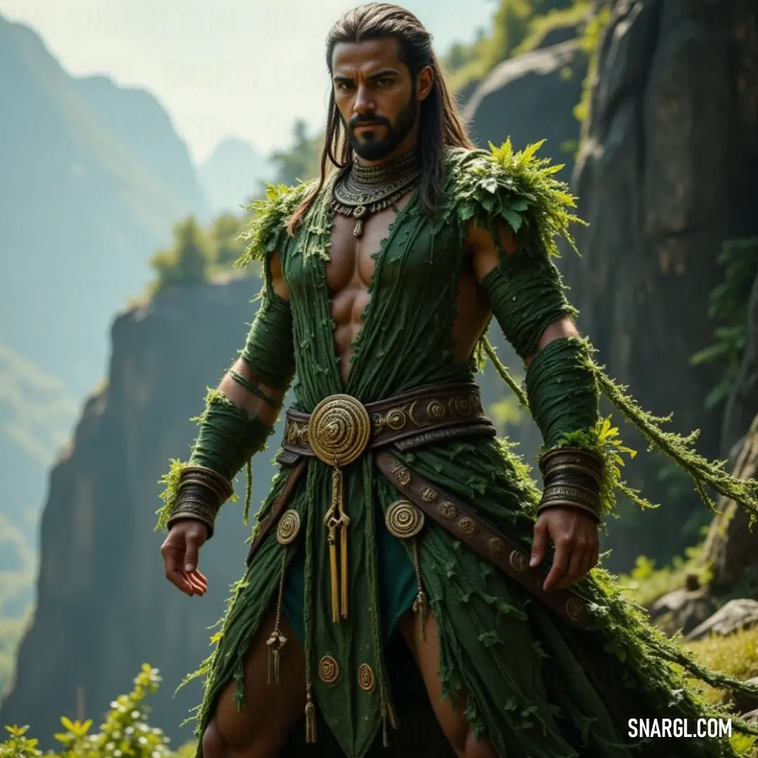 A man clad in vibrant green and shimmering gold stands tall in a lush forest, with majestic mountains rising in the distance. The scene is imbued with life and adventure, hinting at stories yet to be told against a serene backdrop.