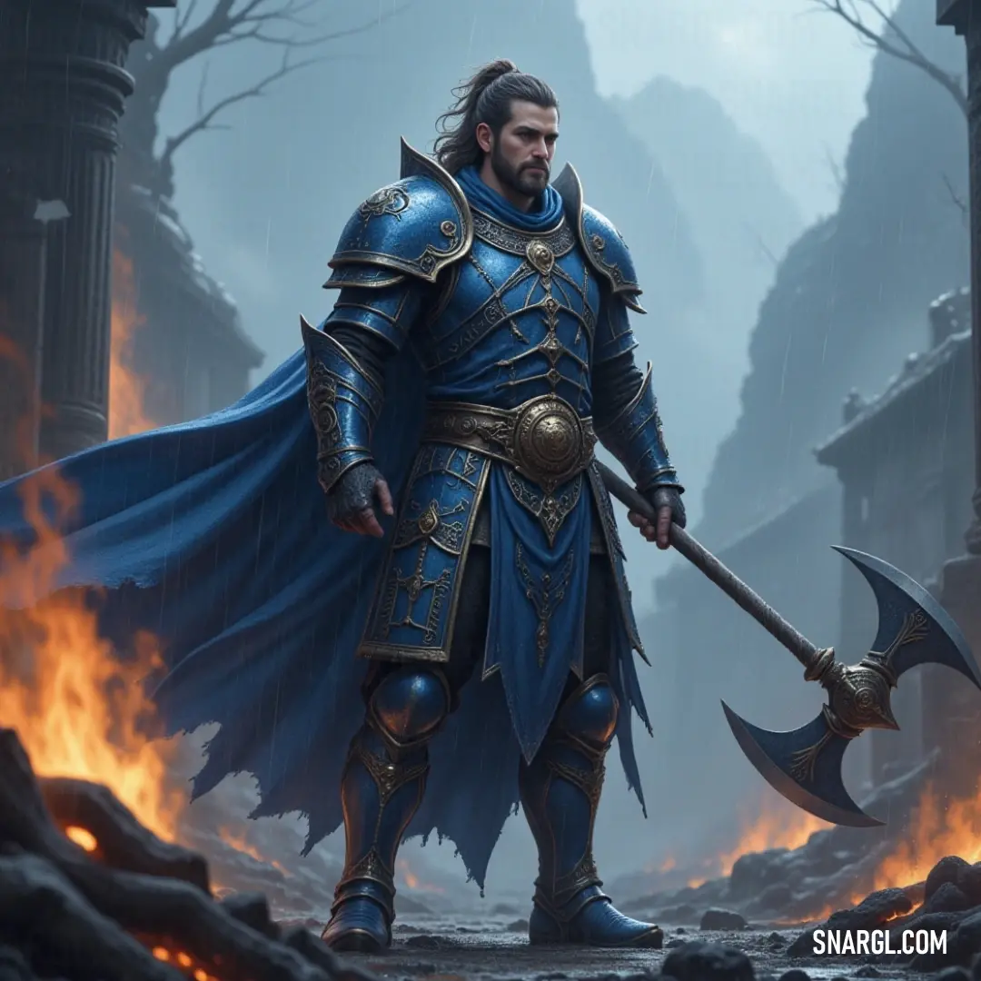 A valiant warrior dons a striking blue armor, wielding a formidable axe with a fierce flame flickering in the background, embodying bravery and strength. The scene radiates energy and the promise of epic battles ahead.