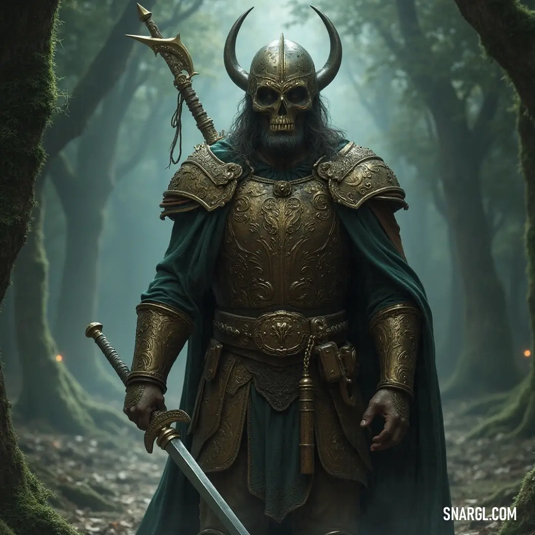 A fierce man in a horned costume holds a dual-edged sword in a vibrant forest, embodying the spirit of ancient warriors as he stands amidst the trees and dappled sunlight.