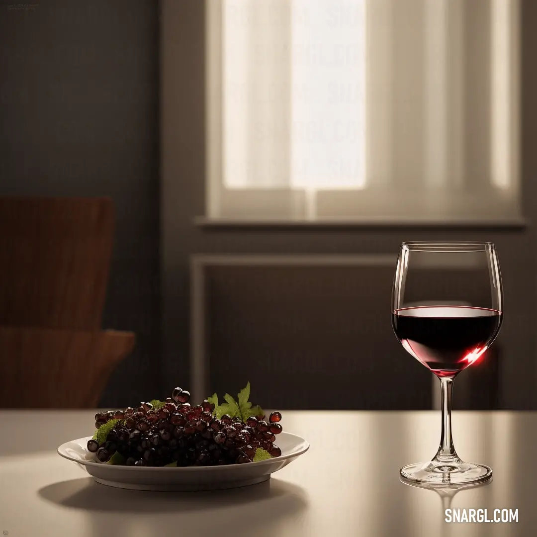 Plate of food and a glass of wine on a table in a room with a window and a chair