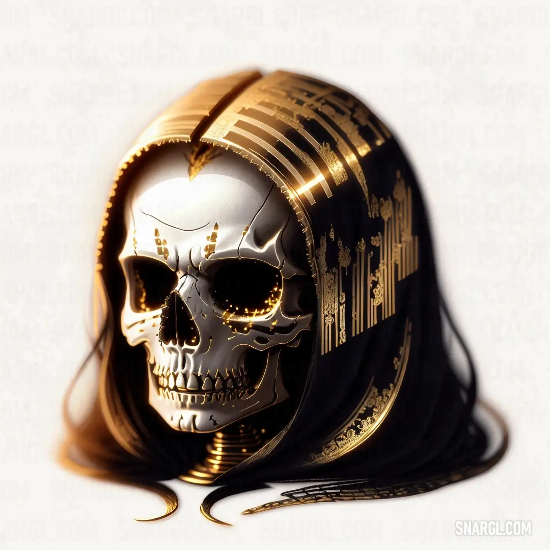 A skull adorned with a gold helmet, its long hair cascading from the top and a long tail on the opposite side, exudes an aura of mystery and power, with intricate details drawing the viewer’s eye.