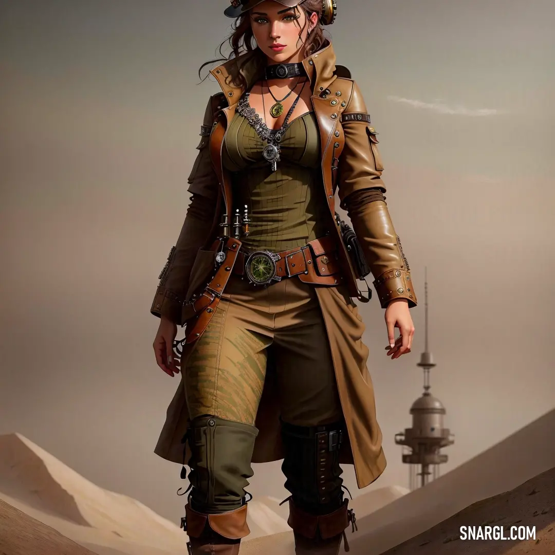 Woman in a desert outfit and a hat is walking in the desert with a gun in her hand