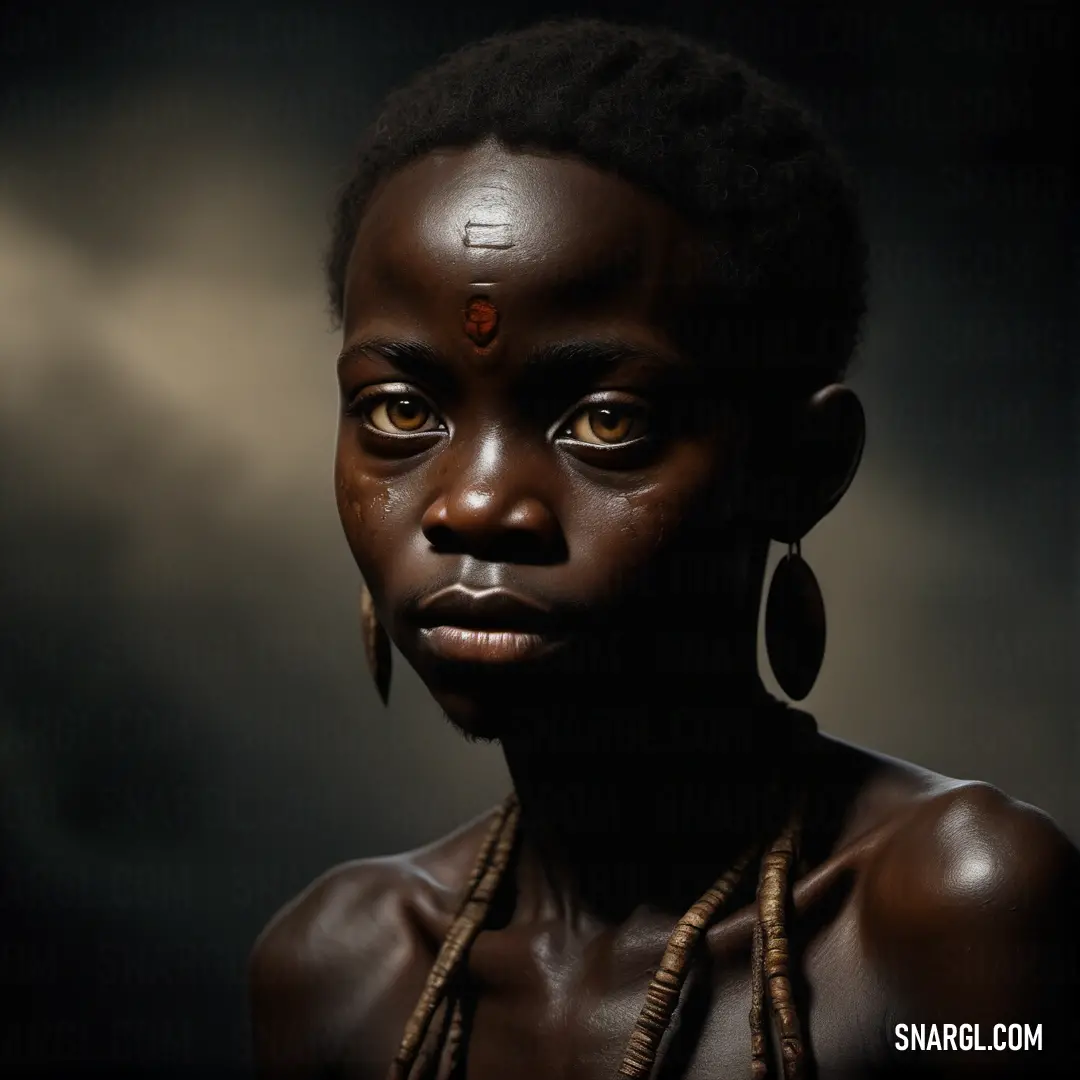 A mysterious image of a woman with a cross on her forehead, framed by a dark, moody background. Her earrings add a touch of elegance, while the contrast between light and shadow creates a dramatic and striking effect.