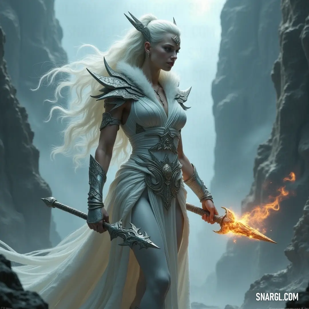 A dramatic portrayal of a woman in a flowing white dress wielding a sword, exuding strength while holding a flame against a backdrop of rugged rock cliffs, embodying the spirit of adventure and courage.