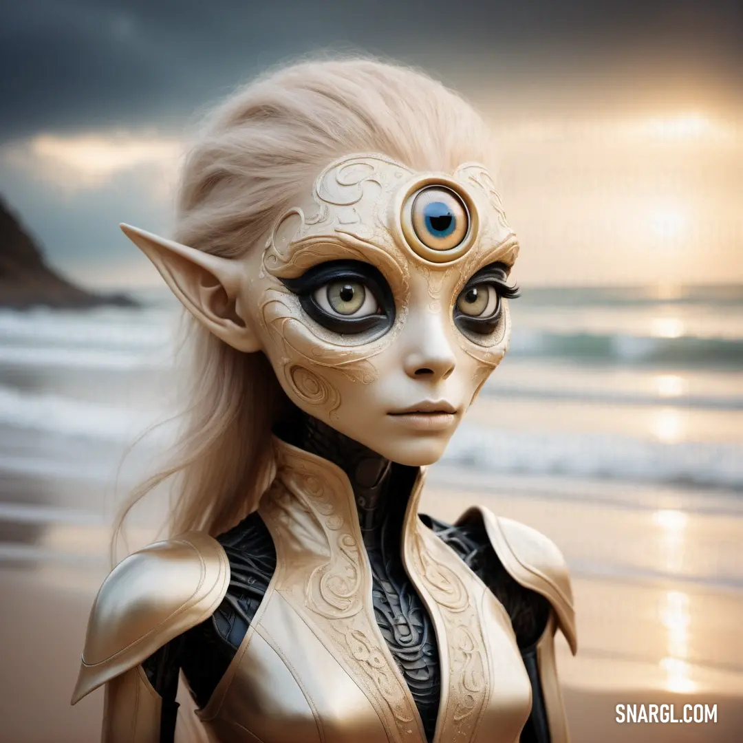 Woman with a weird face and a weird mask on the beach with the sun in the background and a body of water in the foreground