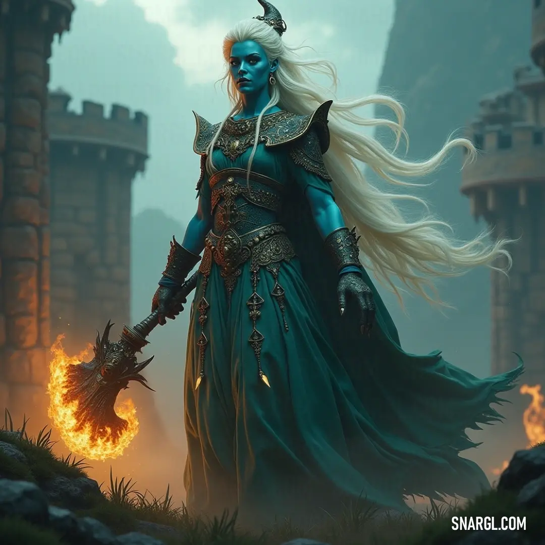 A regal woman with long flowing white hair gracefully holds a glowing fireball, exuding an air of magic and power in a breathtaking landscape that captivates all who behold it.