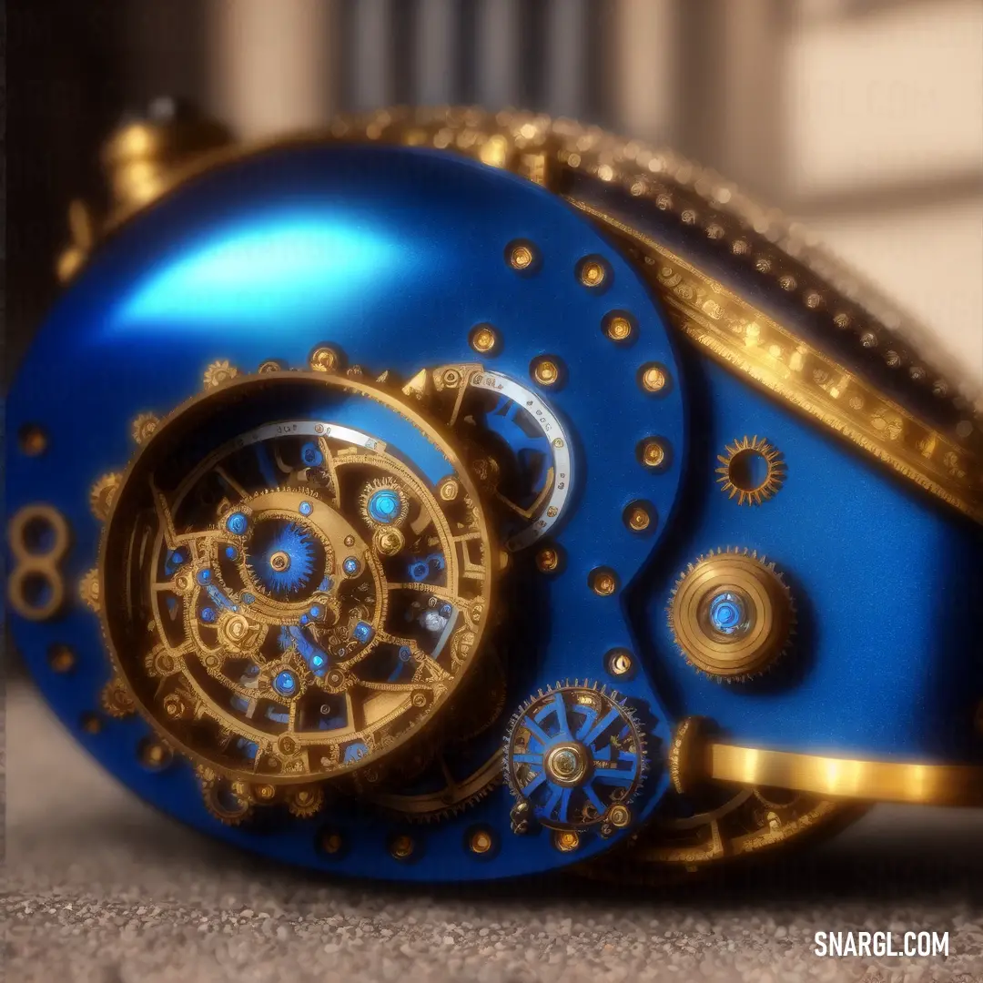 Blue and gold clock on top of a table next to a wall and a window sill