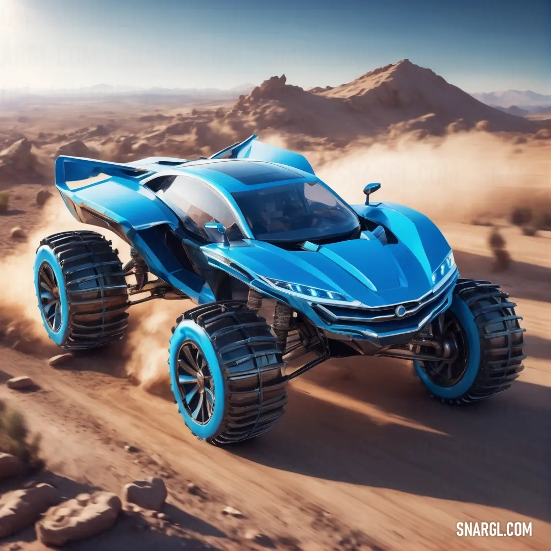 Blue car is driving on a dirt road in the desert with rocks and sand behind it and a mountain in the background