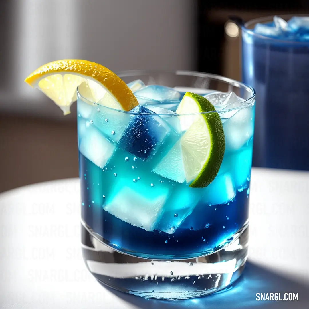 Blue drink with lemon and lime slices in it on a table with a glass of water and a blue beverage