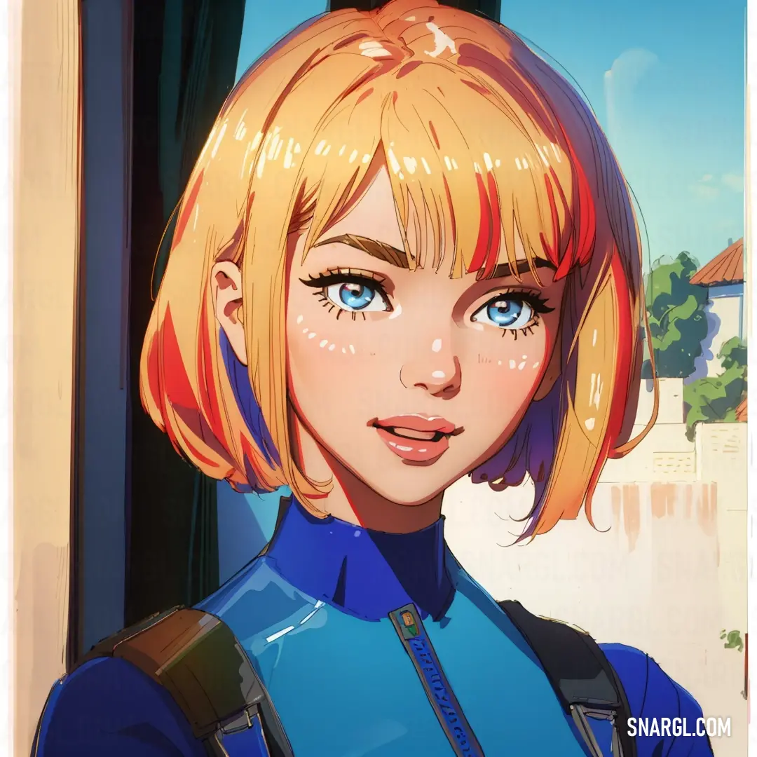 Cartoon girl with blonde hair and blue eyes looking at the camera with a serious look on her face
