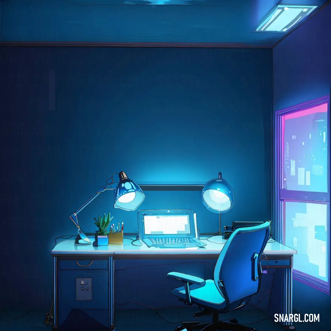 Desk with a laptop and a lamp on it in a room with blue walls