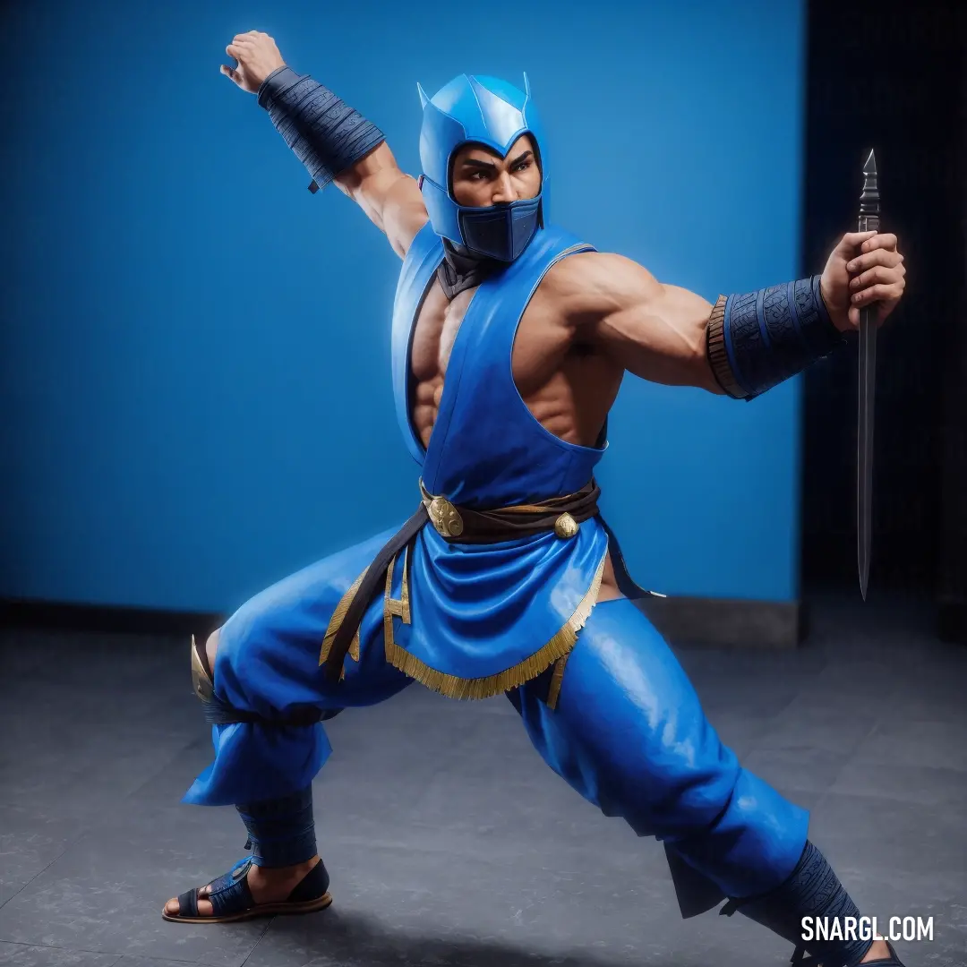 Man in a blue costume is holding a sword and posing for a picture with a blue background