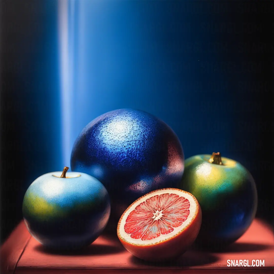 Painting of a blue and green fruit on a red surface with a blue background and a blue light behind it