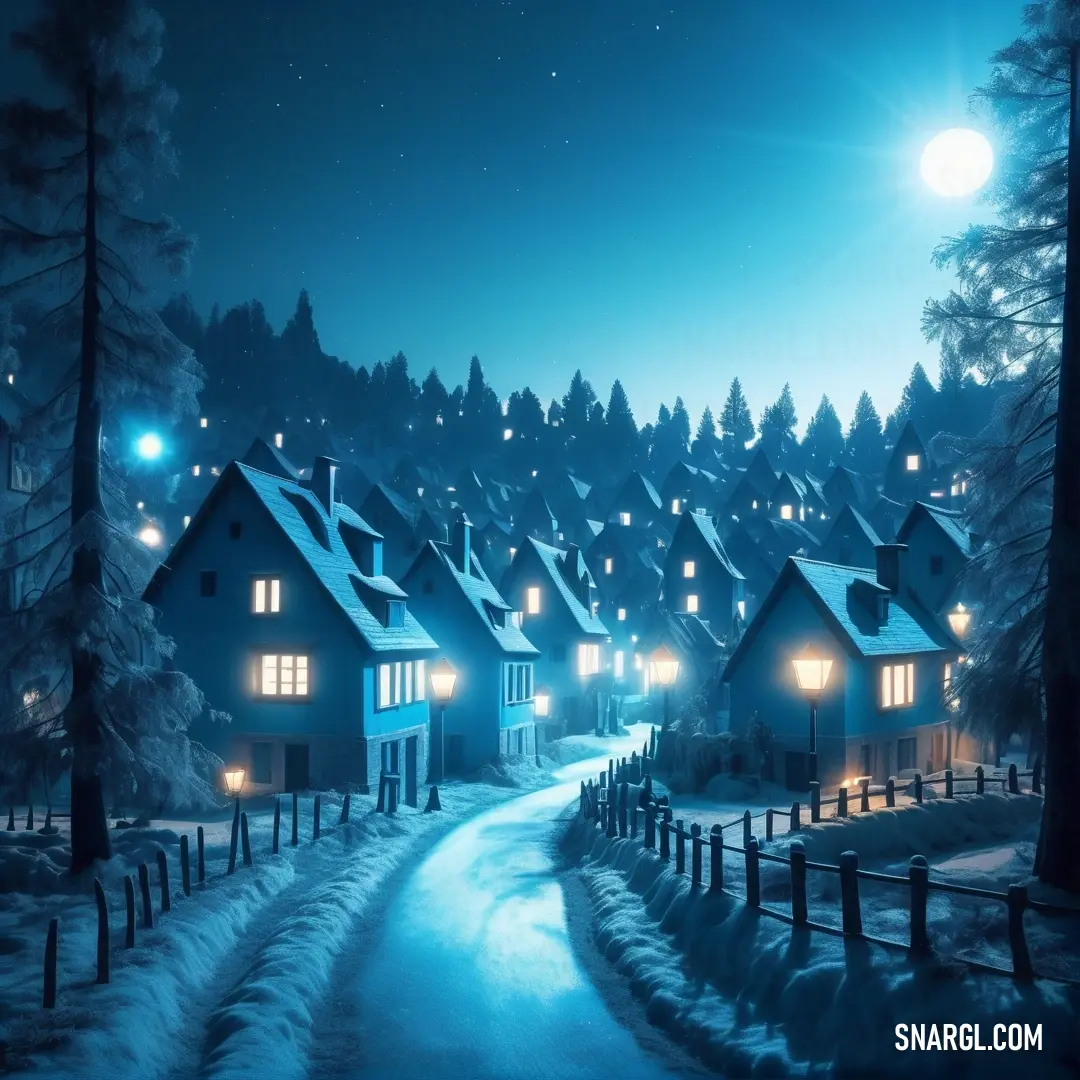 Snowy village with a path leading to a street light and a full moon in the sky above it. Example of CMYK 100,39,0,27 color.