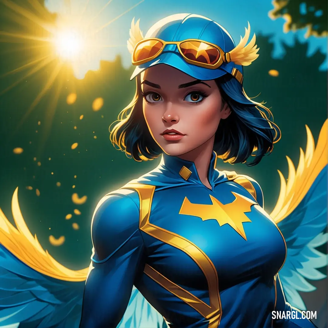 Woman in a blue costume with yellow wings and a star on her chest and a sun shining behind her. Example of #0072BB color.