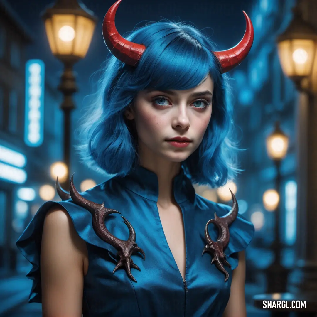 Woman with blue hair and horns on her head is standing in a street at night. Example of CMYK 100,39,0,27 color.