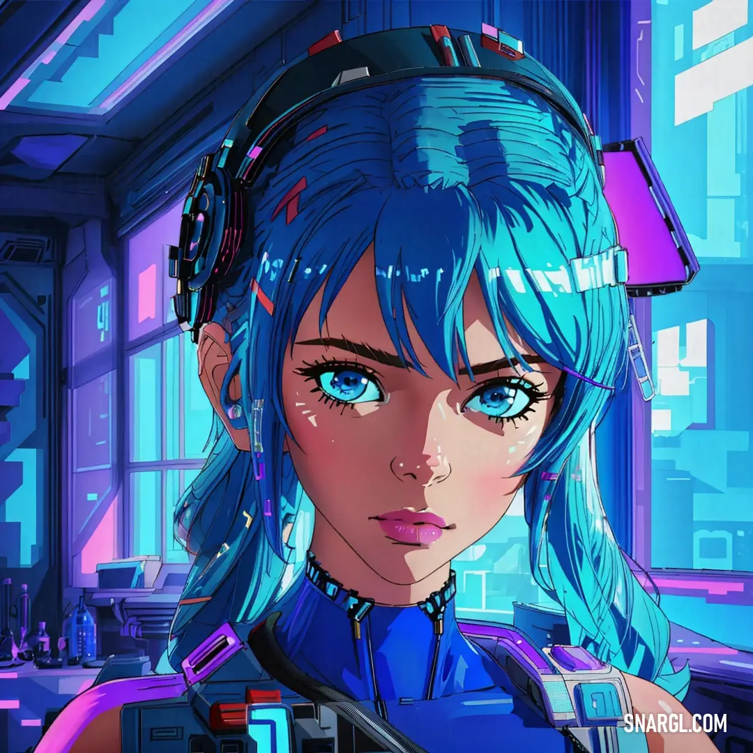 Woman with blue hair and a futuristic suit in a futuristic city setting with a futuristic clock on her head. Example of #0072BB color.