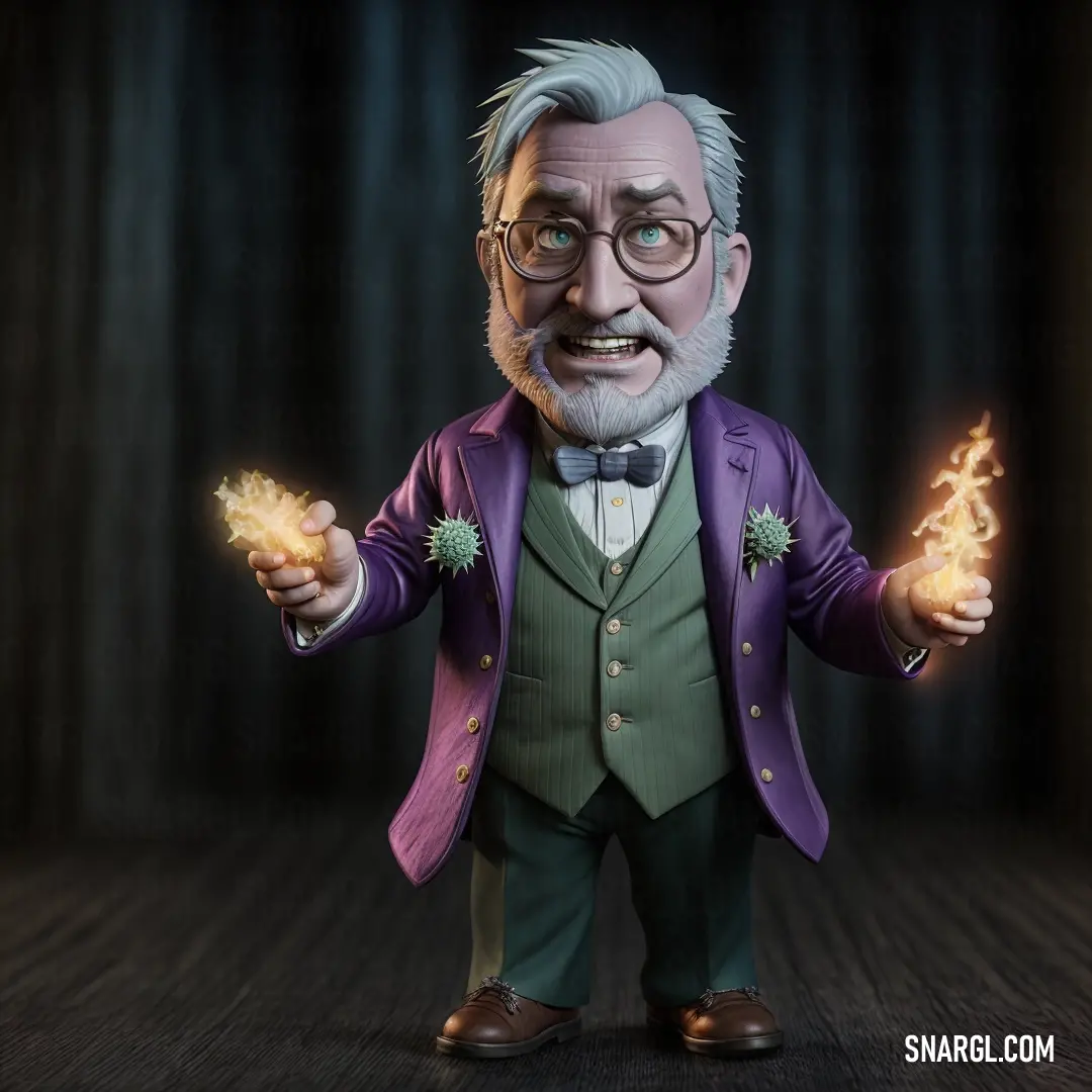 Cartoon character holding a glowing item in his hands and a purple jacket on his jacket and tie