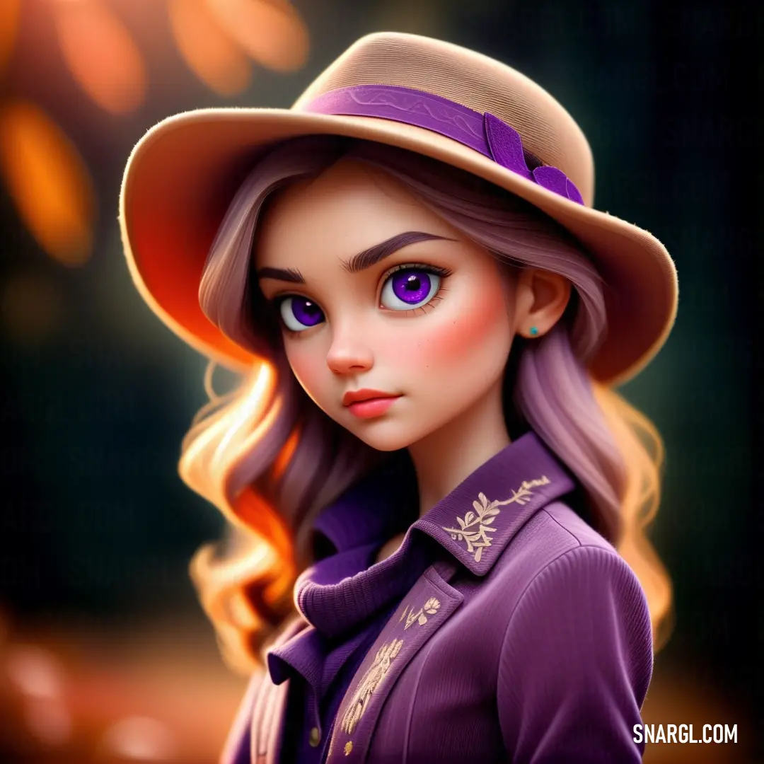 Cartoon girl with a hat and purple hair wearing a purple shirt and purple hat and purple hair. Color CMYK 6,32,0,44.
