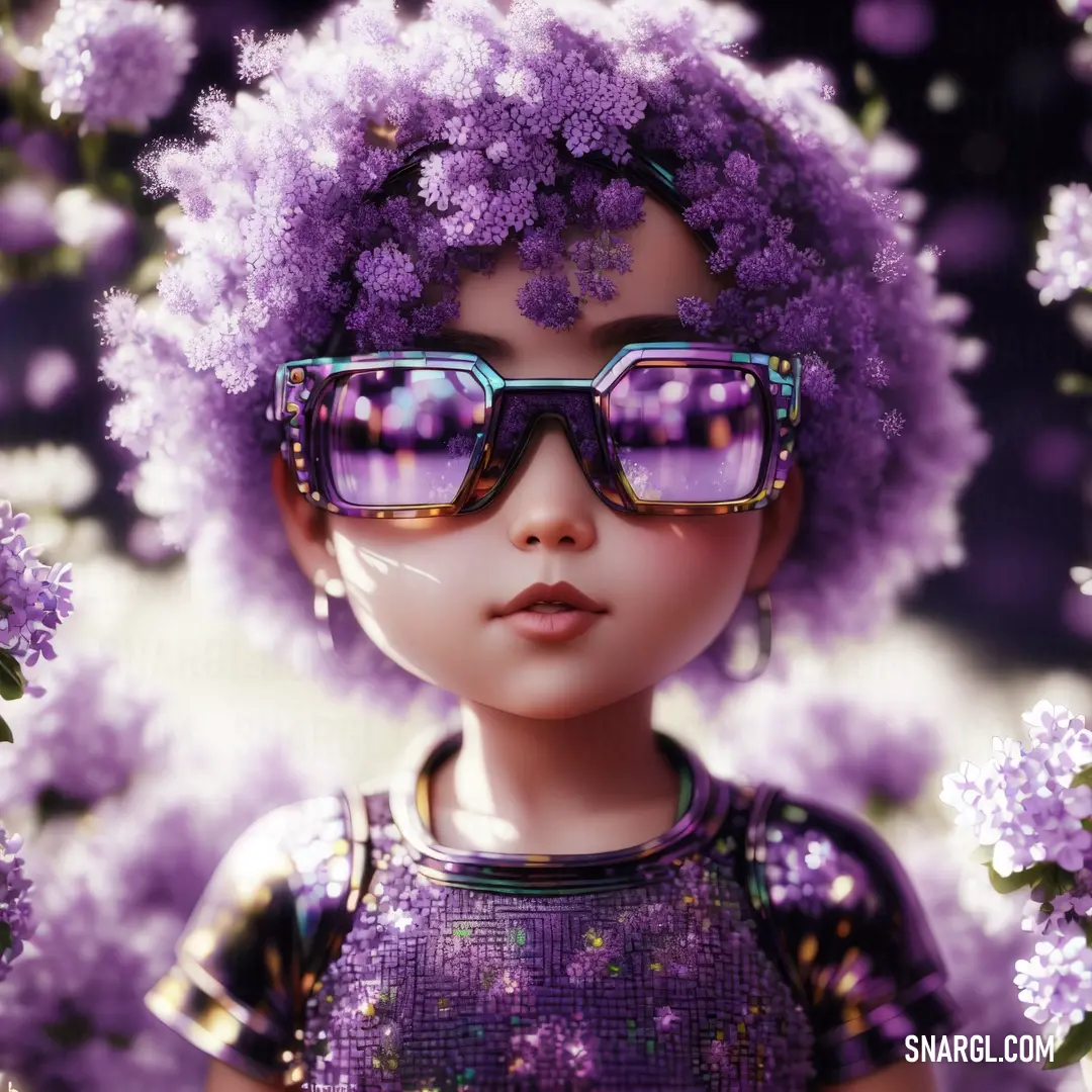 Doll with purple hair and glasses on it's head and purple flowers in the background