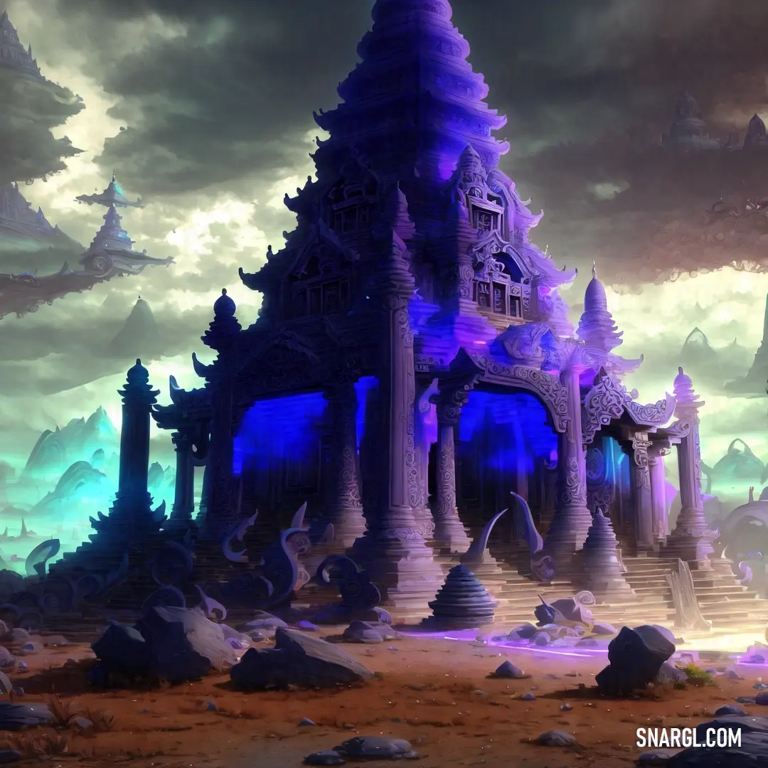Fantasy castle with a lot of stairs and towers in the sky with clouds in the background and a blue light