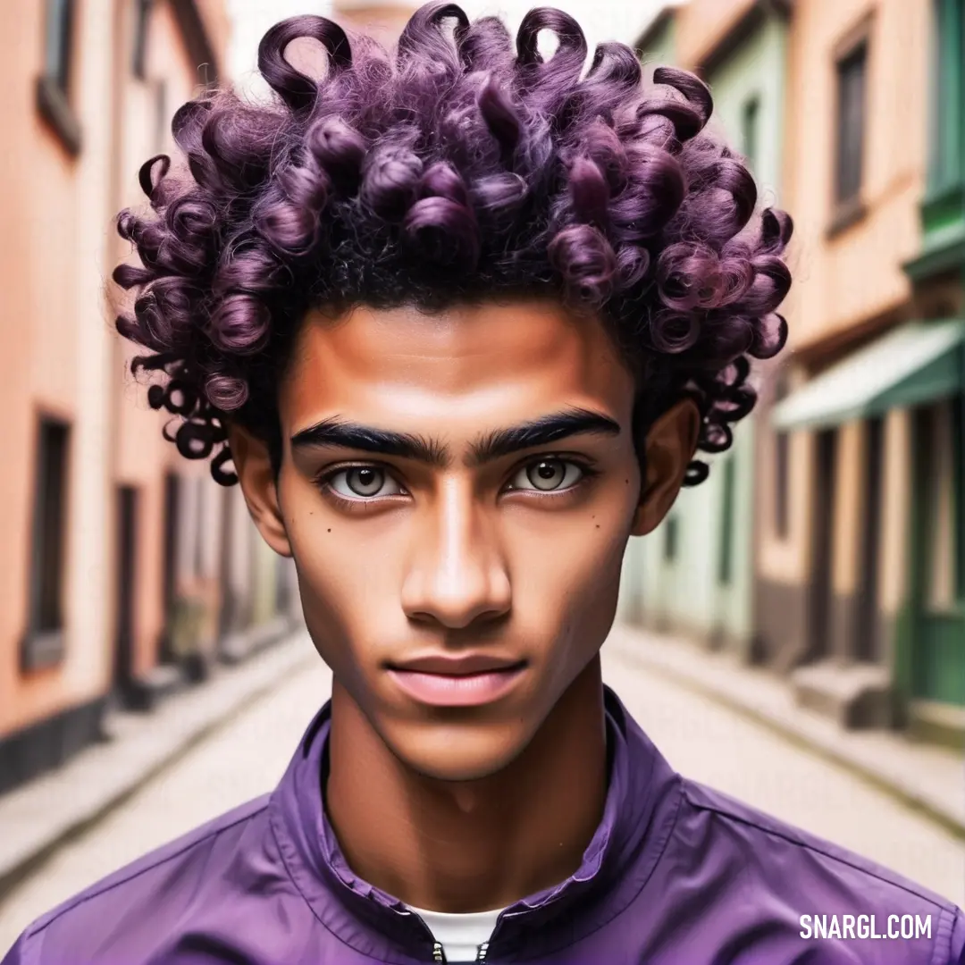 Man with a purple shirt and a purple jacket on a street with buildings in the background. Example of #86608E color.