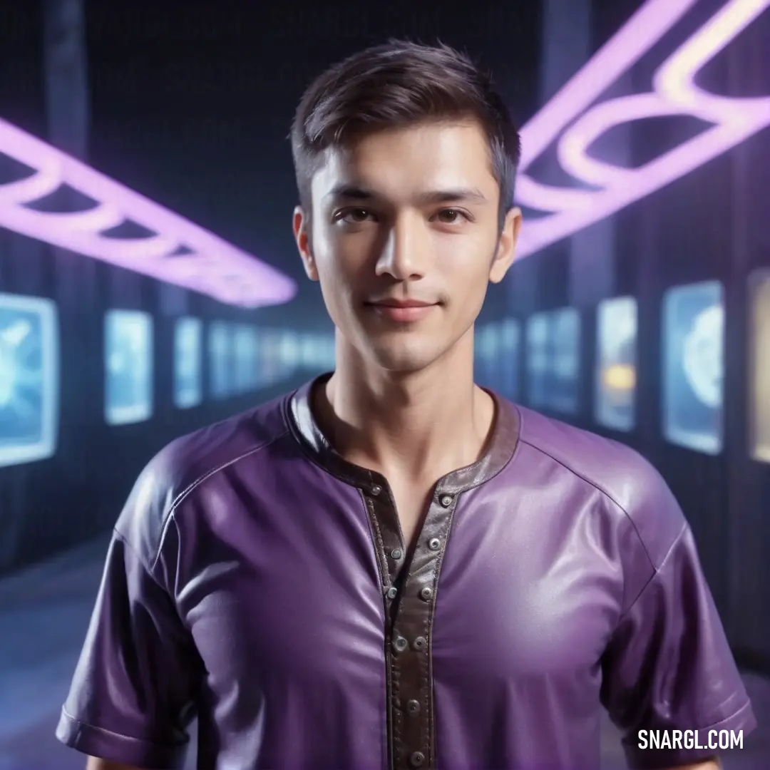 Man in a purple shirt standing in a room with neon lights on the ceiling. Example of French lilac color.