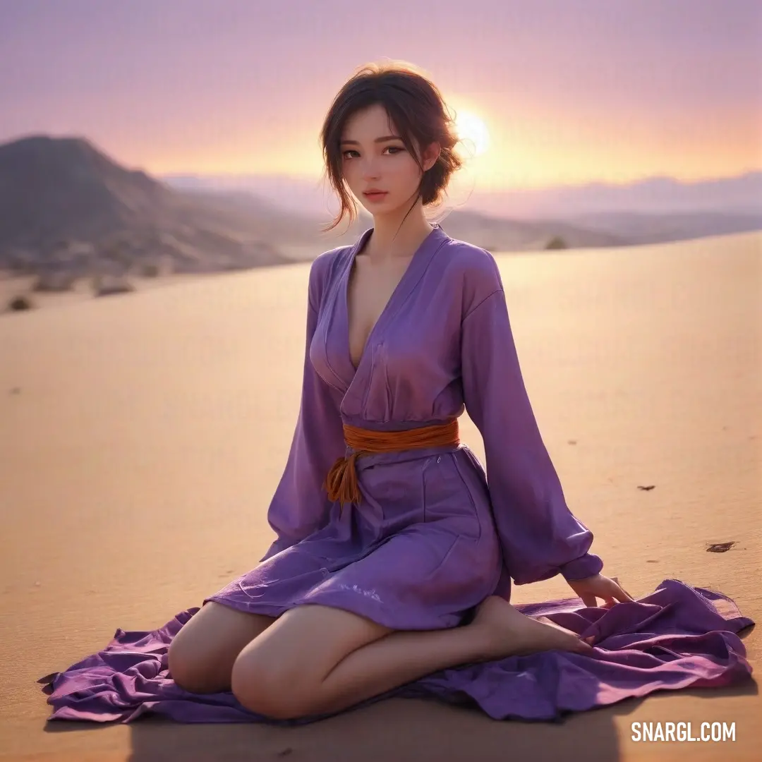 Woman in a purple dress on a beach at sunset with a purple blanket on the sand and mountains in the background