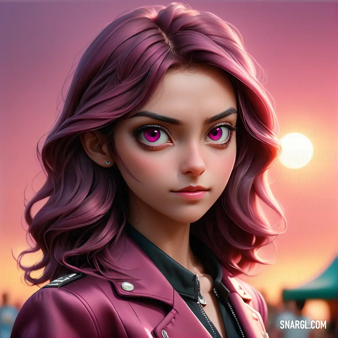 Digital painting of a woman with purple hair and a pink jacket on,. Example of CMYK 0,70,44,4 color.