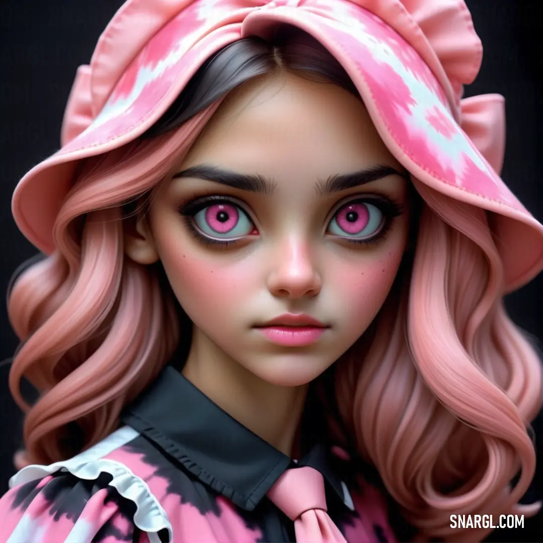 Digital painting of a girl with pink hair and a pink hat on her head and pink hair. Color French rose.