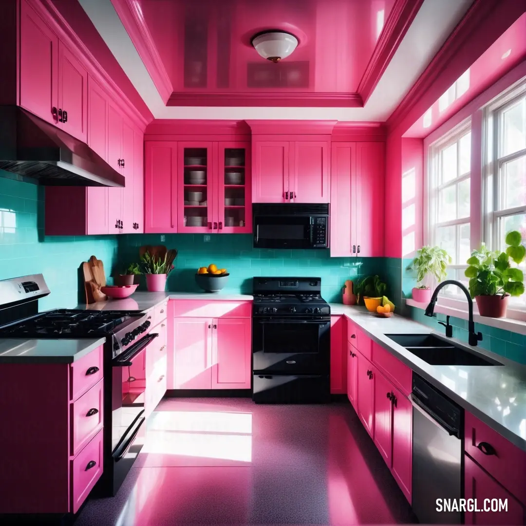 Kitchen with pink cabinets and a black stove top oven and microwave oven and a window with a potted plant. Example of #F64A8A color.