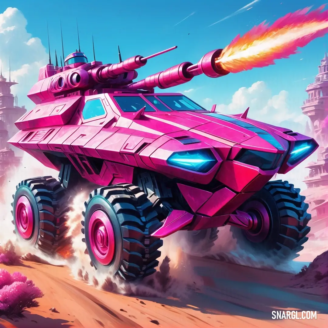 French rose color example: Pink vehicle with a rocket on top of it in the desert with a castle in the background