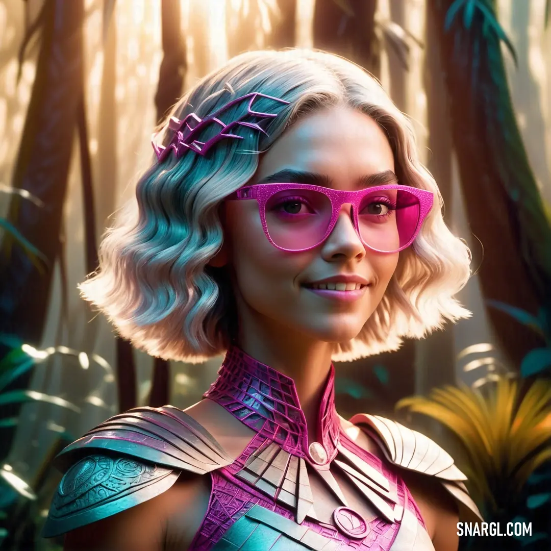 Woman wearing pink glasses in a forest with trees and plants behind her is a digital painting of a woman in a pink costume