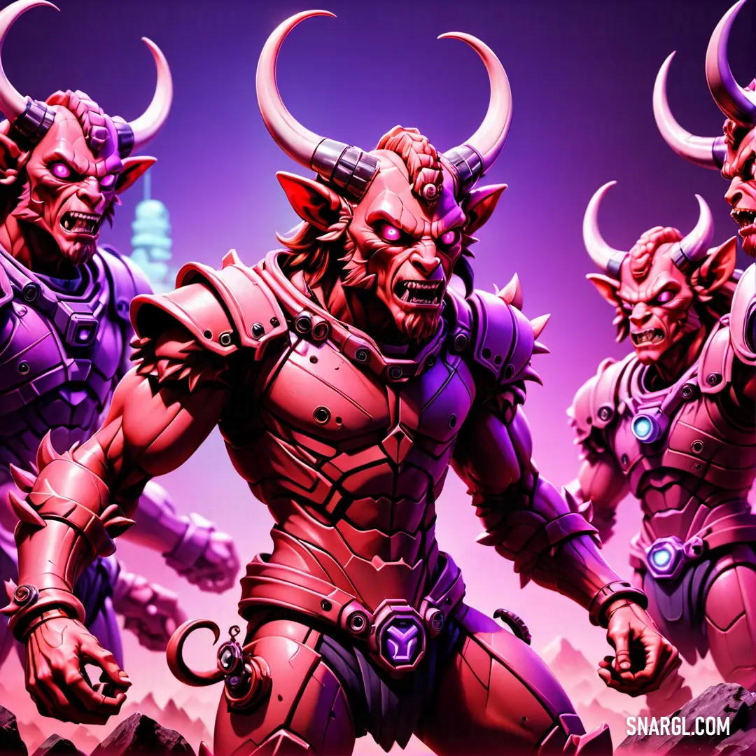 Group of demonic looking men standing next to each other in front of a purple background with a sky