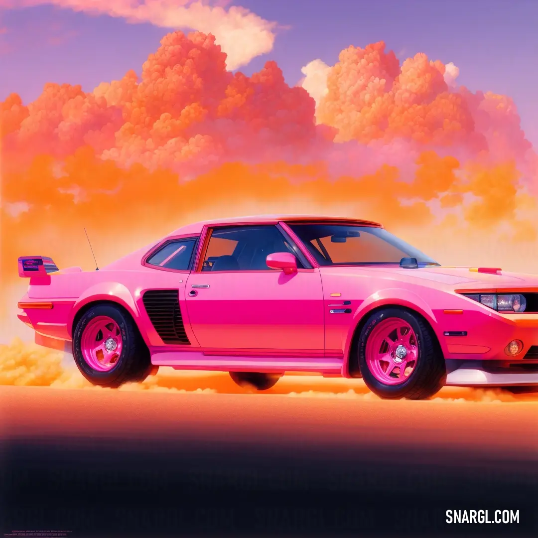 Pink car is parked in a desert area with a pink sky in the background. Example of French rose color.