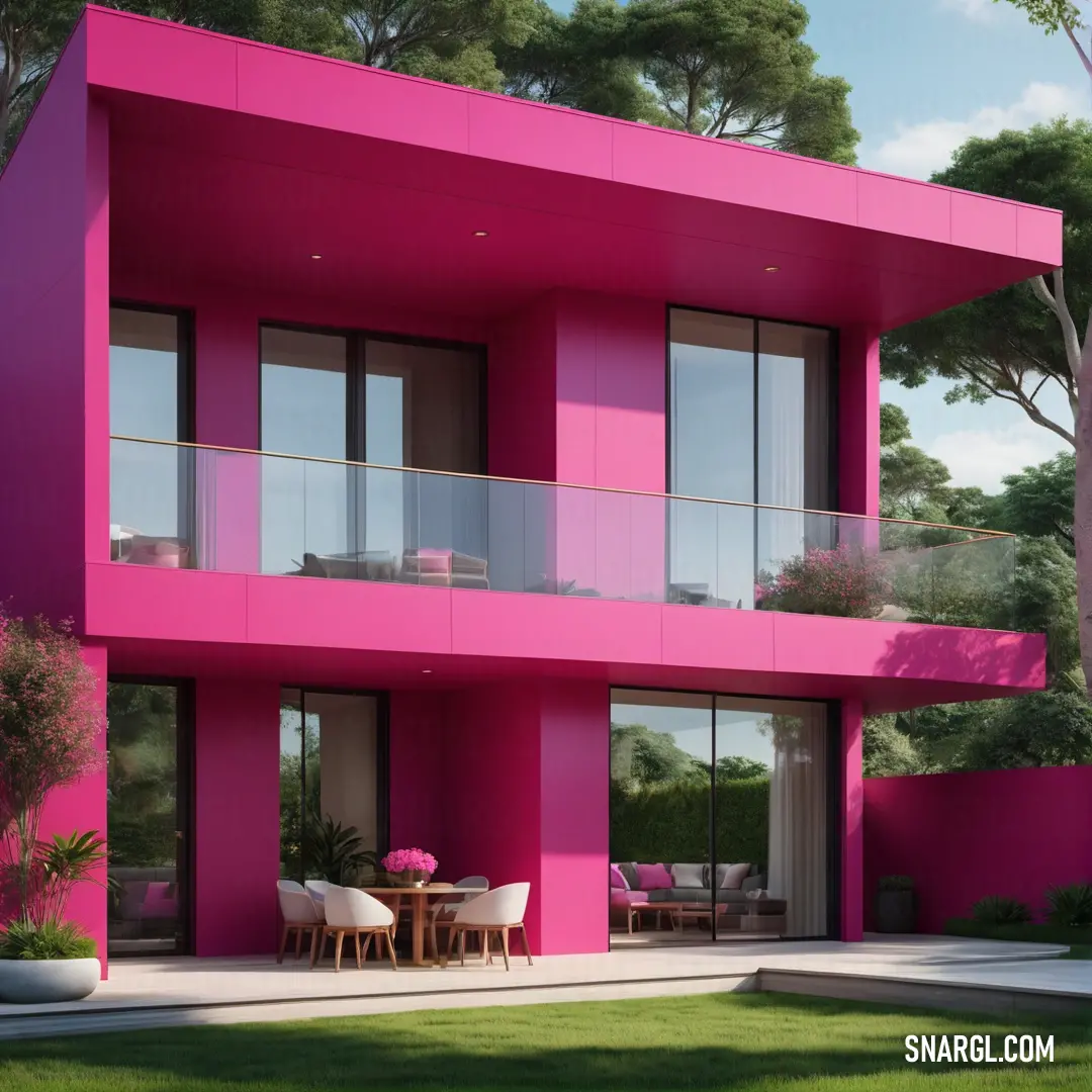 Pink house with a balcony and a table and chairs in front of it. Example of CMYK 0,70,44,4 color.