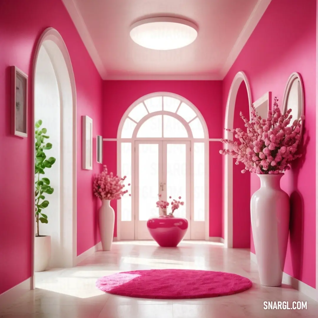 Pink room with a pink rug and vases of flowers on the floor. Example of RGB 246,74,138 color.