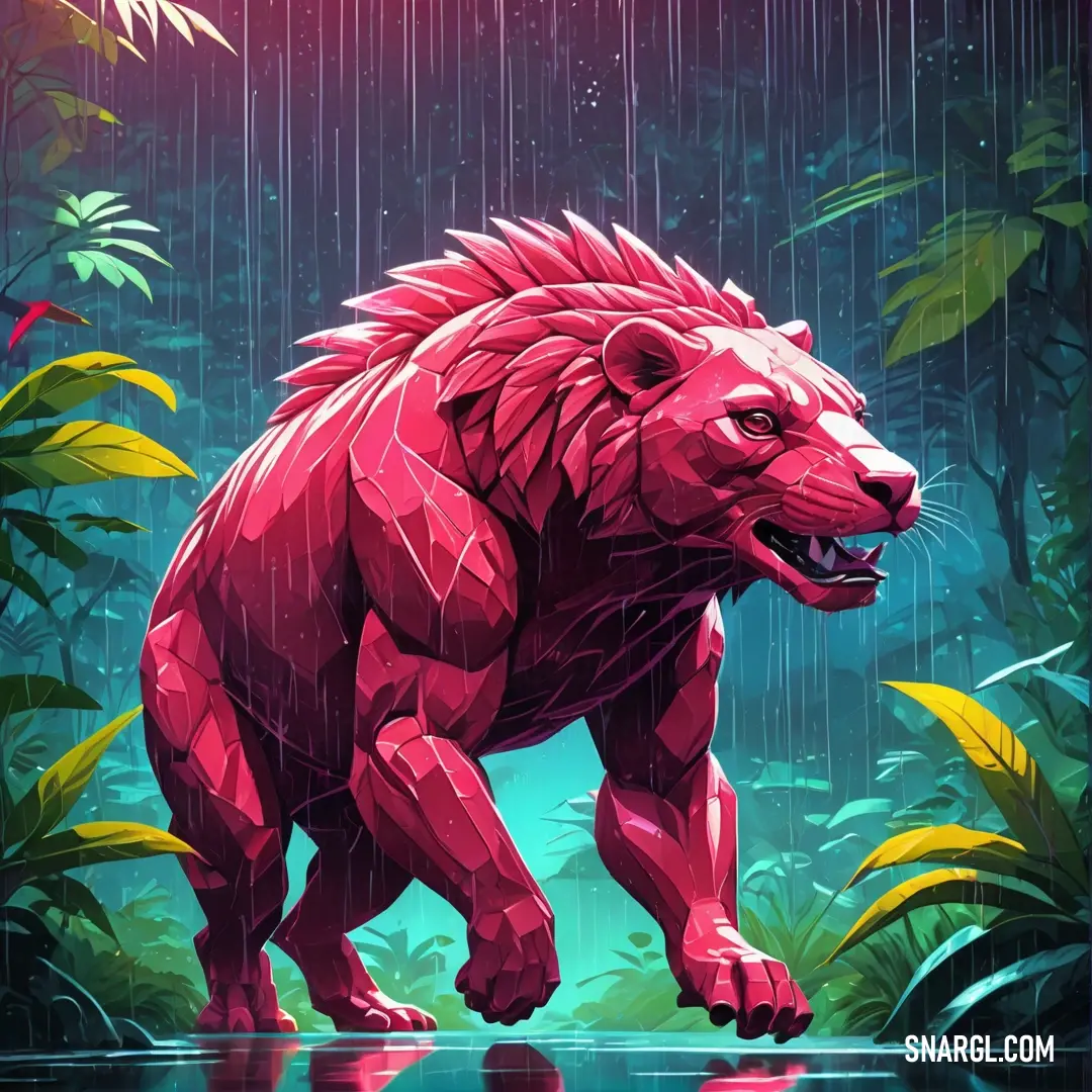 Red bear is walking through the jungle in the rain with its mouth open